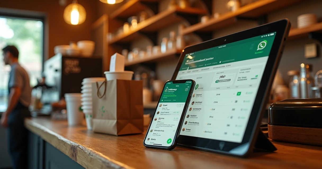 Balcão de restaurante com painel e celular mostrando pedidos pelo WhatsApp 