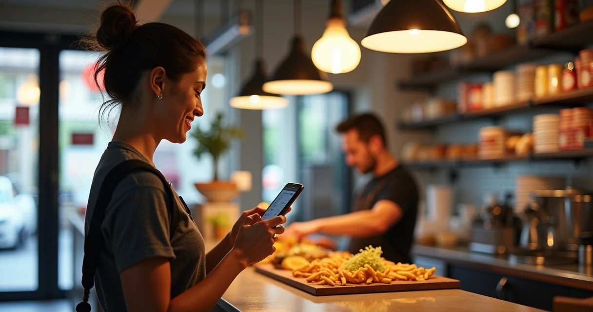 Atendimento rápido em pequeno restaurante com cliente fazendo pedido digital pelo celular 