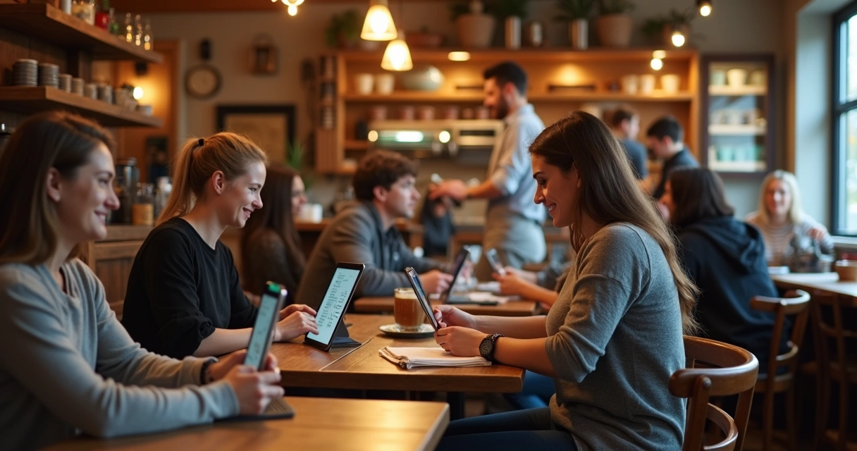 Restaurante pequeno com clientes, cardápio digital em tablets nas mesas e ambiente aconchegante