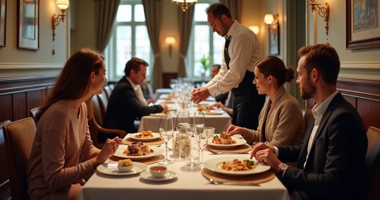 Restaurante pequeno e elegante com clientes experimentando menu degustação 