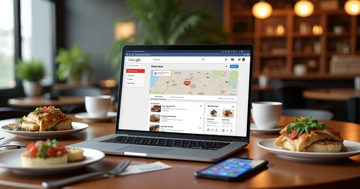 Computador com tela mostrando perfil do Google Meu Negócio de restaurante, mesa com comida e decoração aconchegante 