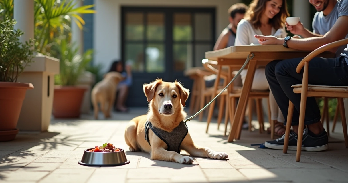 Tutor com cachorro em restaurante pet friendly com comedouro e água na área externa 