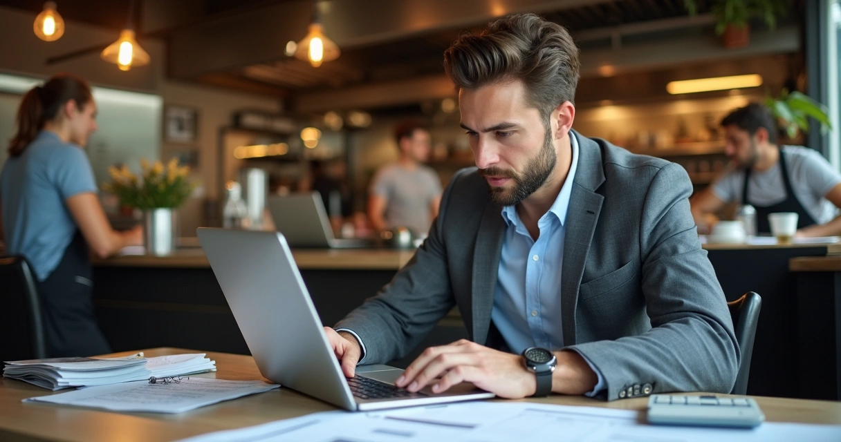 Gestor analisando planilhas de custos em um restaurante 