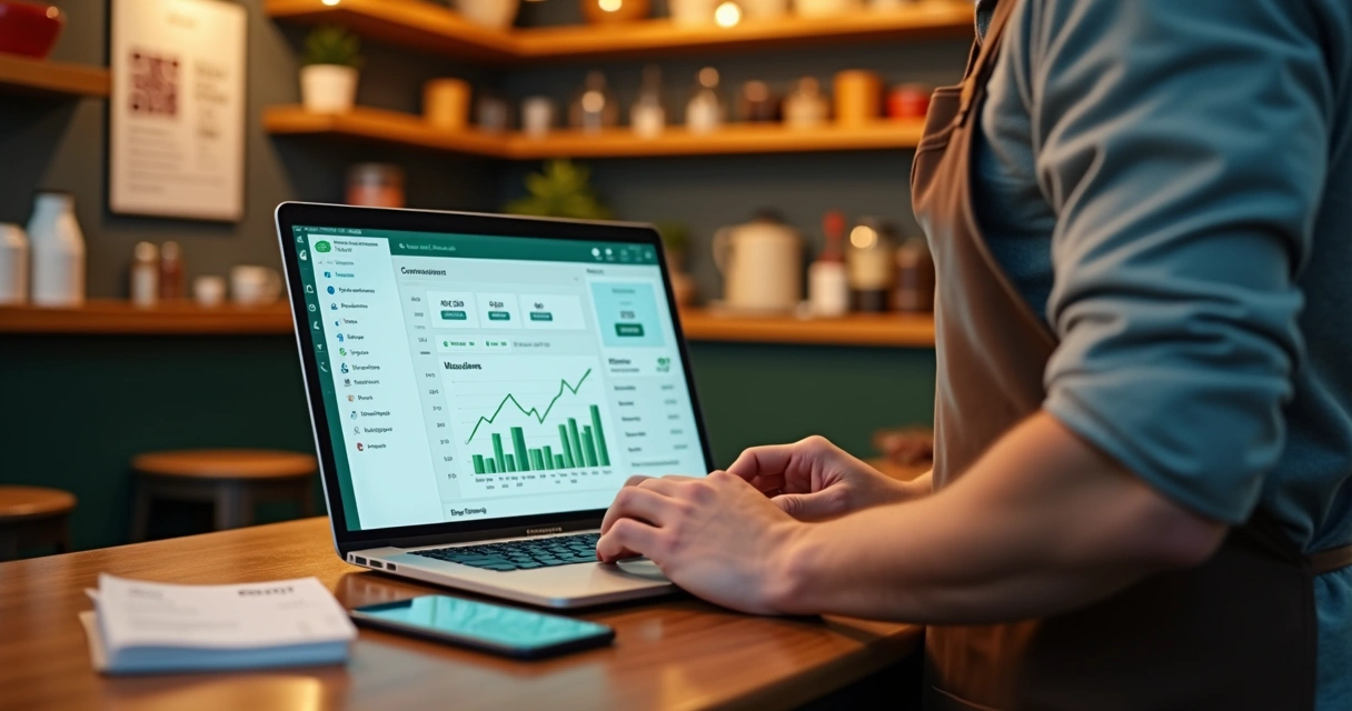 Dono de restaurante usando plataforma de delivery no notebook para gerir pedidos e WhatsApp 