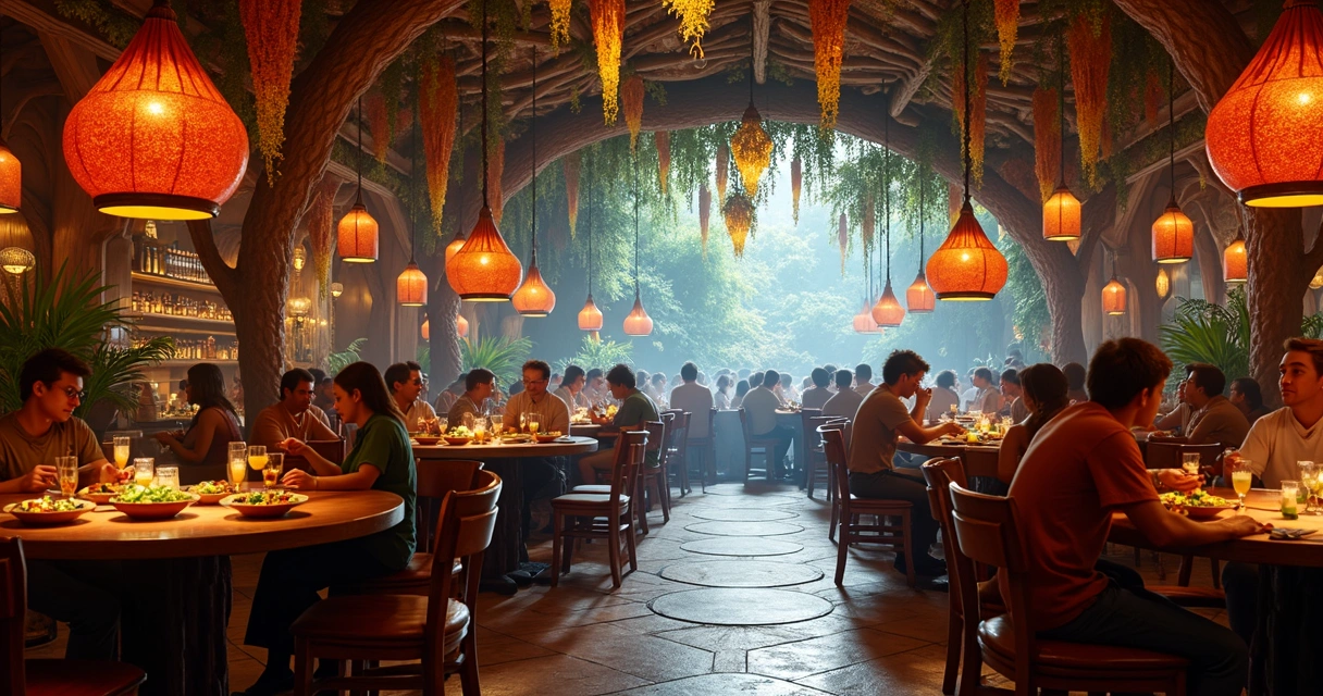 Restaurante temático Satu'li Canteen com comida colorida em Pandora 