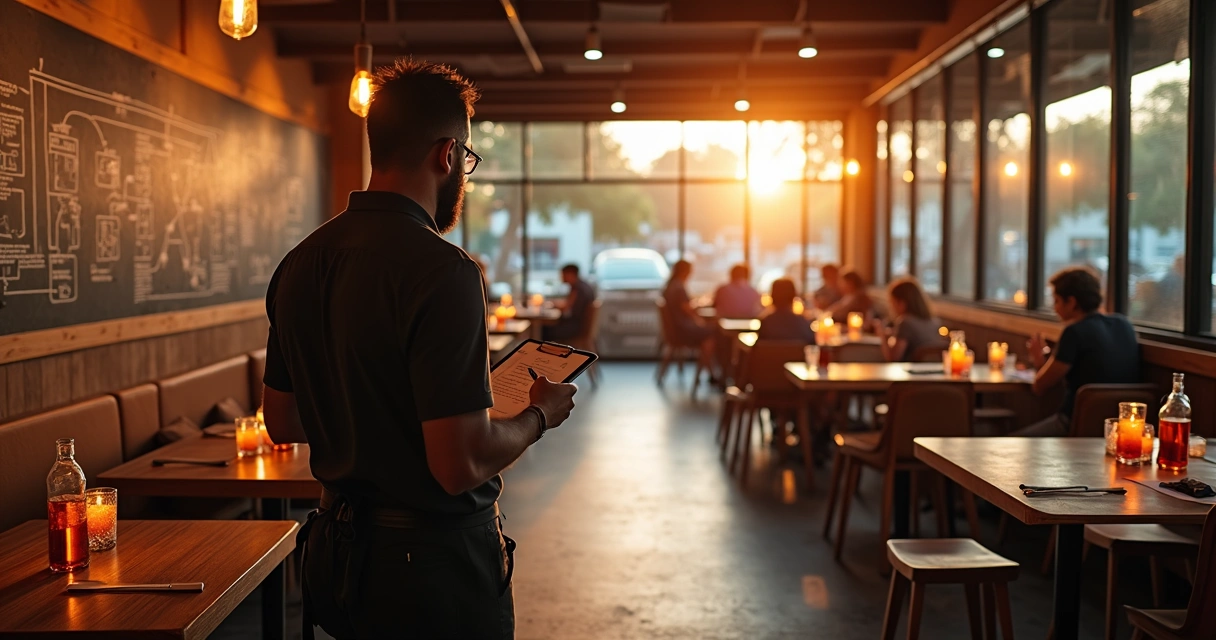 Dono de restaurante observa salão com mesas virando pontos de mídia 