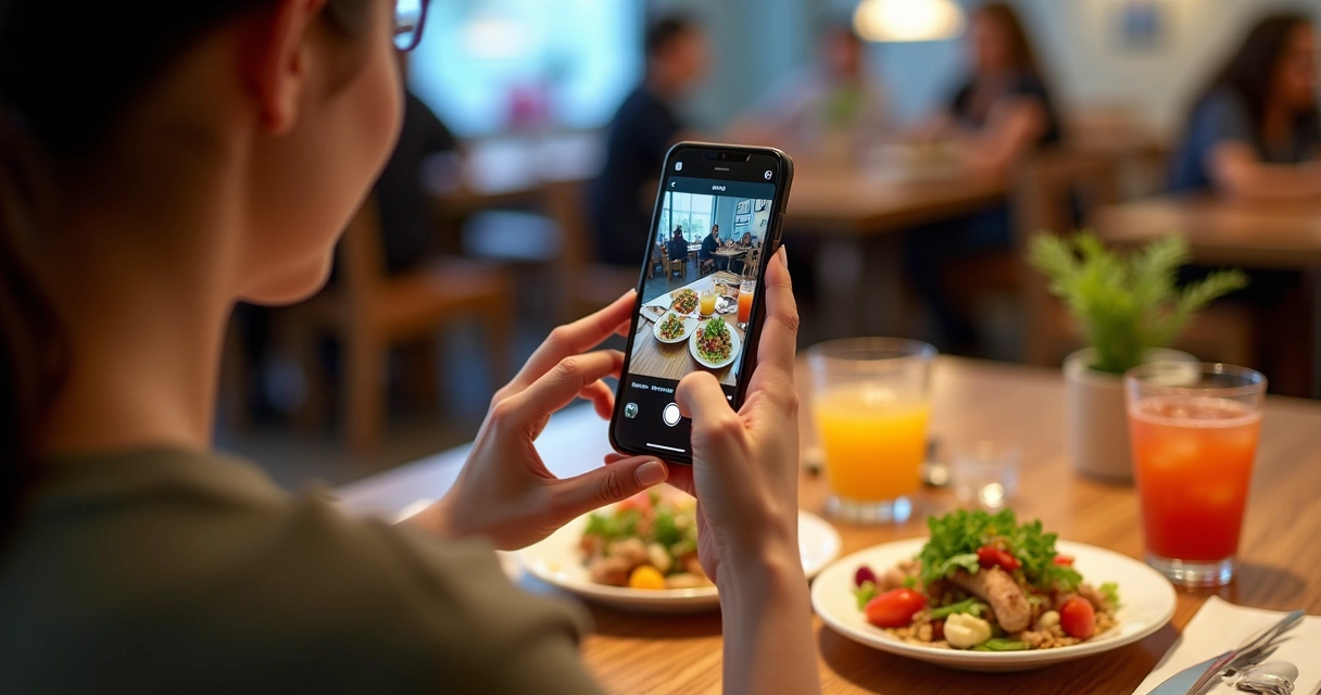 Pessoa usando o celular para postar foto de comida no Instagram junto de pratos prontos na mesa