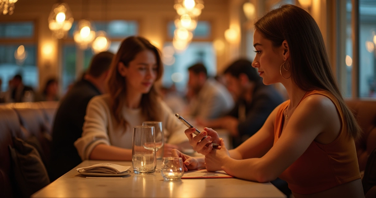 Restaurante movimentado, mulher olhando discretamente ao redor, ambiente acolhedor 