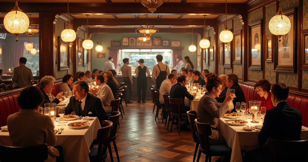 Restaurante com design inspirado por filmes famoso, cheio de clientes 