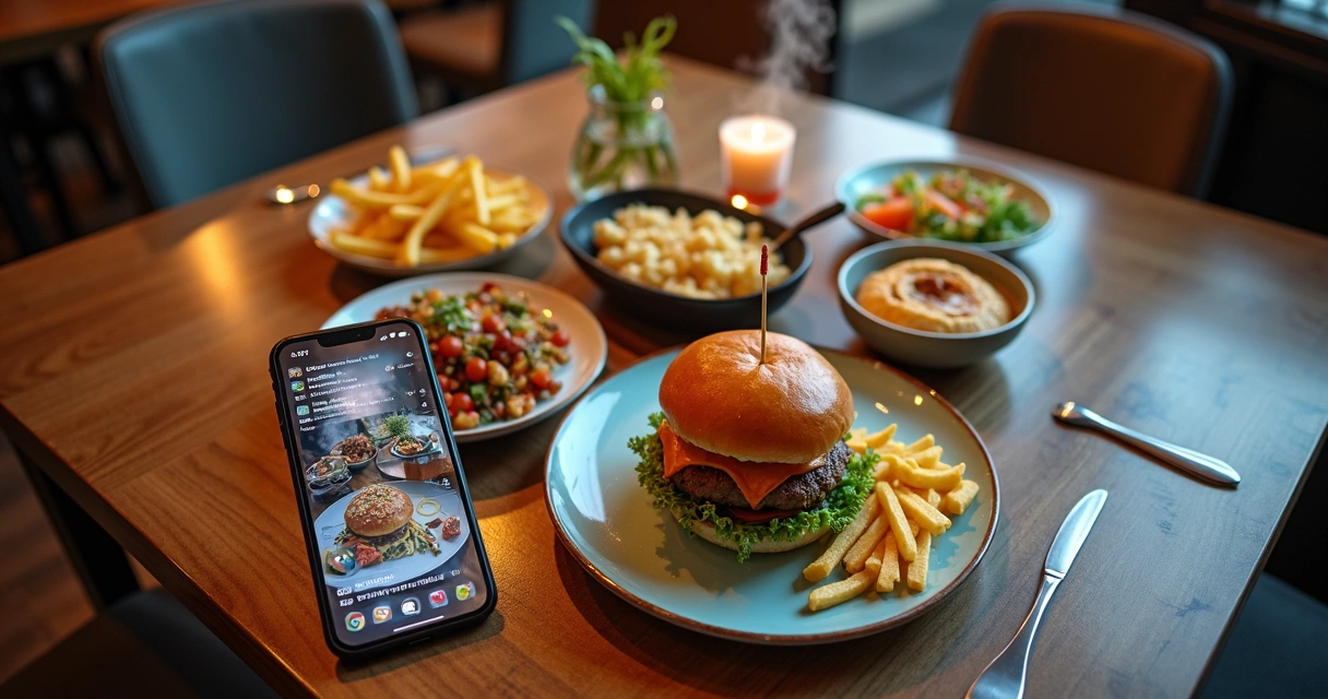 Mesa de restaurante vista de cima com pratos e celular mostrando rede social cheia de interações 