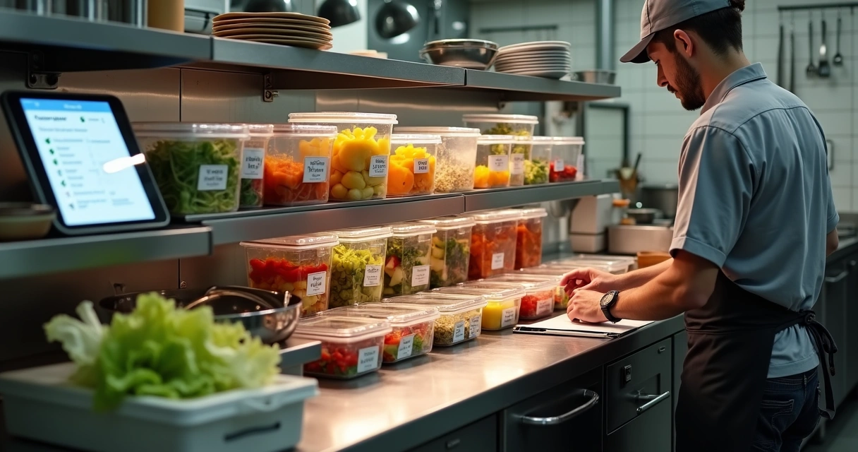 Cozinheiro ajustando etiquetas em uma prateleira organizada de ingredientes 