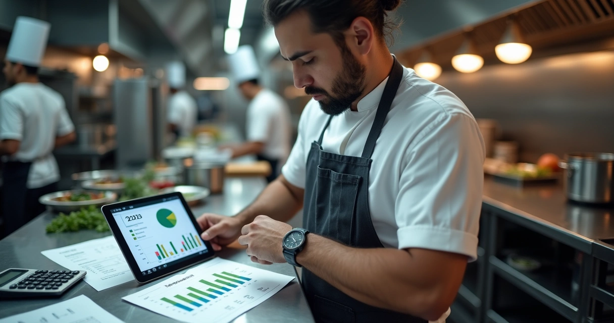 Dono de restaurante analisando gráficos de impostos em tablet dentro da cozinha profissional 