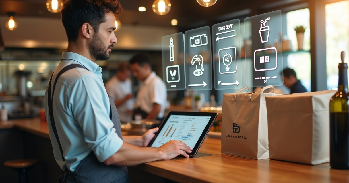 Dono de restaurante analisando impostos em tablet ao lado de pedidos de delivery 