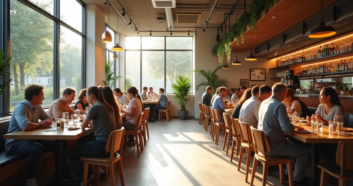 Sala de restaurante com pessoas comendo em mesas modernas 