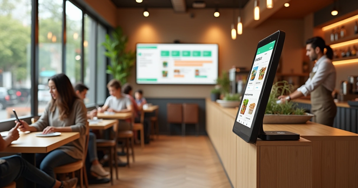 Salão de restaurante pequeno com painel digital de pedidos exibindo sistema delivery simplificado 