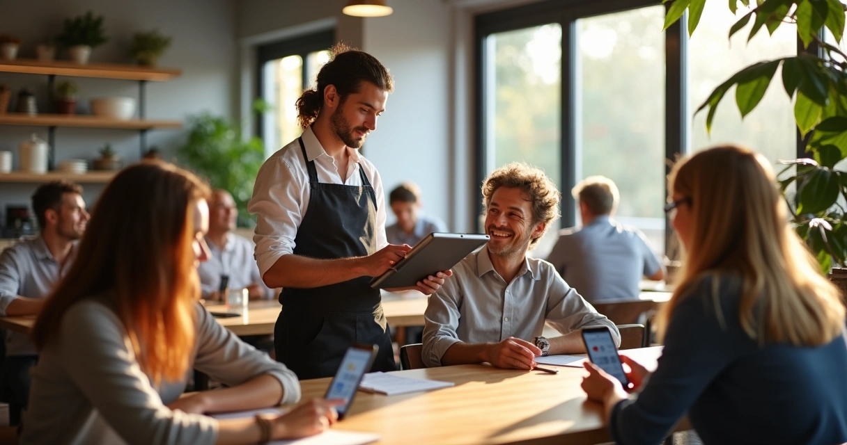 Garçom usando tablet para comandar em restaurante moderno, clientes ao fundo