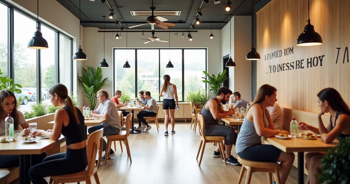 Restaurante fitness com decoração clean, mesas de madeira clara e plantas 