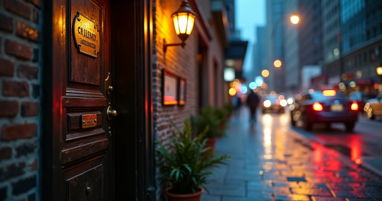 Entrada discreta de restaurante secreto em viela de grande cidade à noite 