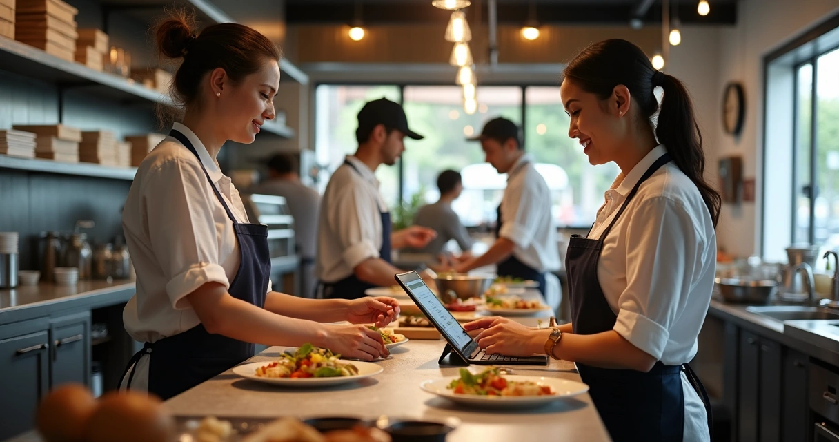 Cozinha de restaurante com equipe incluindo responsável pelo caixa usando tablet