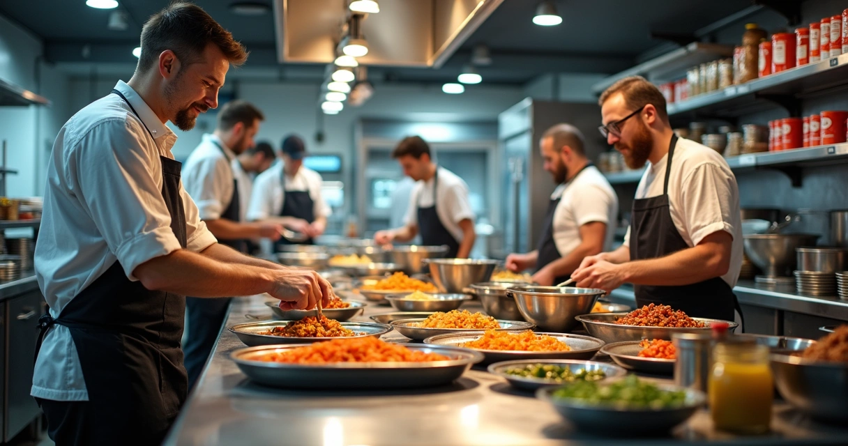 Cozinha de restaurante movimentada com alimentos organizados e equipe trabalhando 
