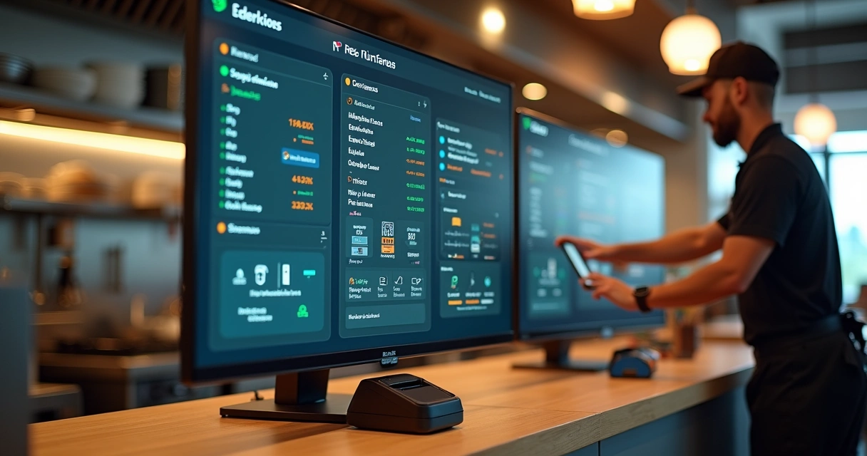 Tela de sistema de delivery integrado com pedidos organizados em restaurante moderno 