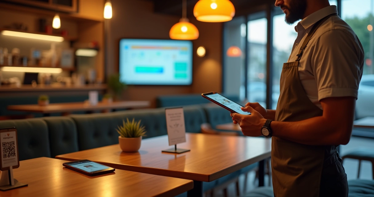 Garçom usando tablet com sistema de pedidos delivery em restaurante moderno 