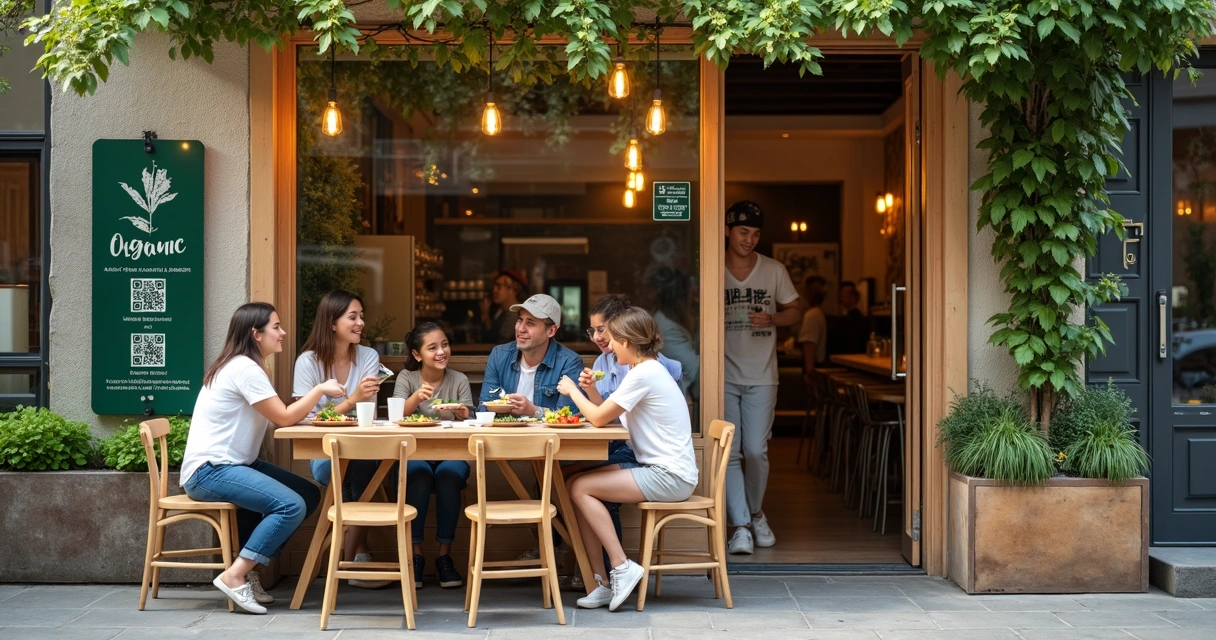 Pequeno restaurante sustentável com clientes em mesas externas e hortinha ao fundo 