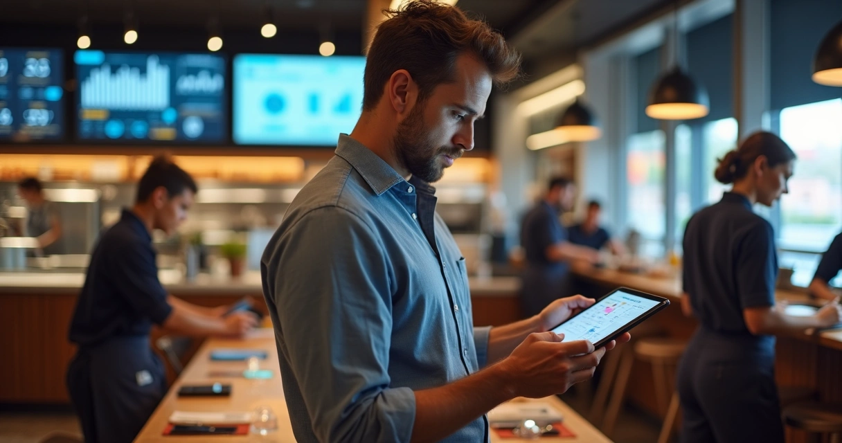 Gerente de restaurante usando painel de dados em tablet 