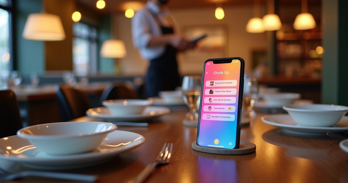 Cartão digital interativo exibido em smartphone sobre mesa de restaurante com pratos e garfo 