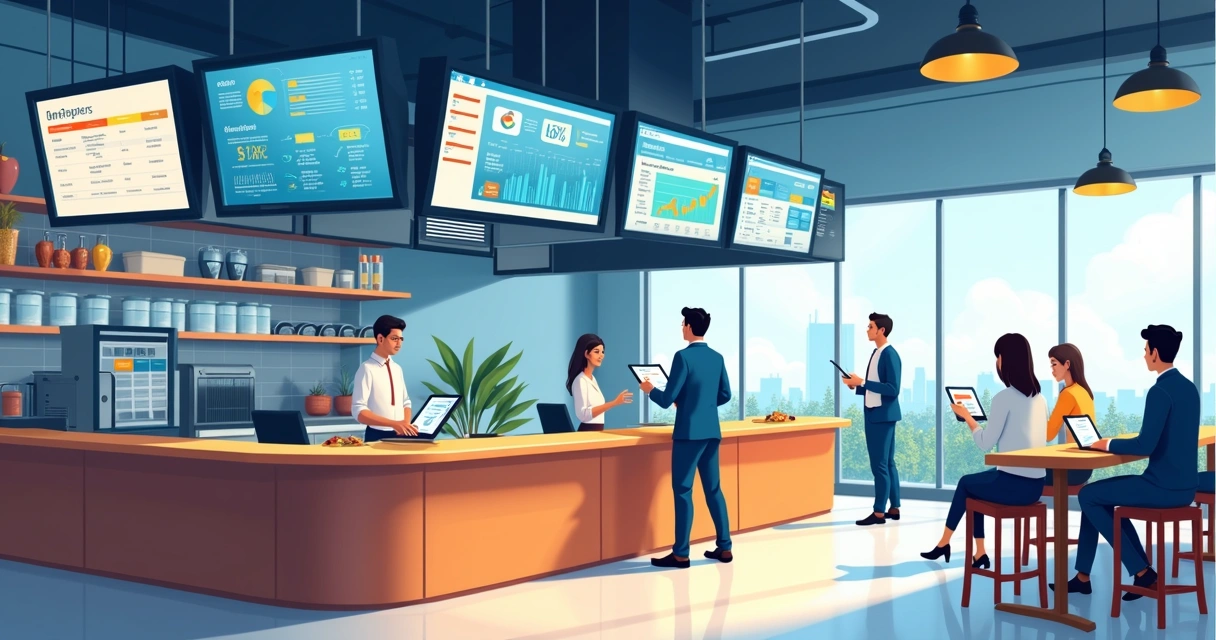 Restaurante com painéis digitais de gestão, funcionários interagindo com sistemas modernos, ambiente luminoso e moderno 