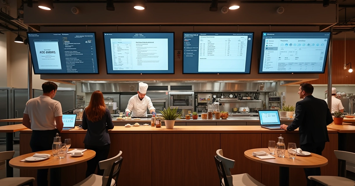Restaurante moderno com telas digitais e integração tecnológica 