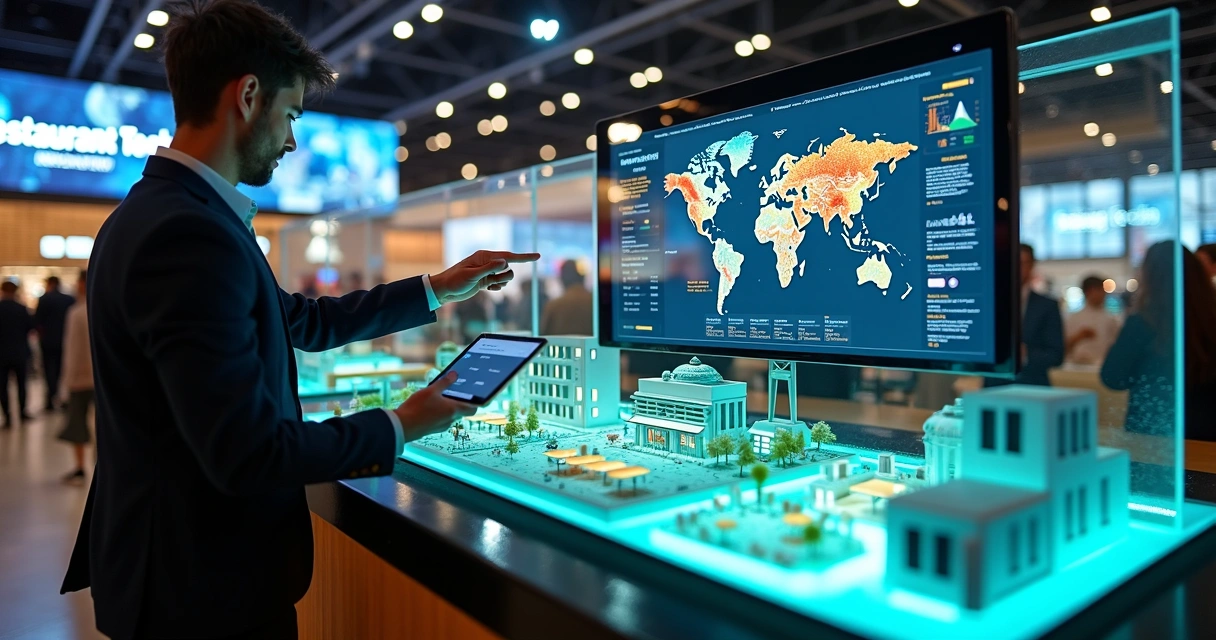 Painel de controle digital de restaurante cheio de dados em feira de tecnologia 