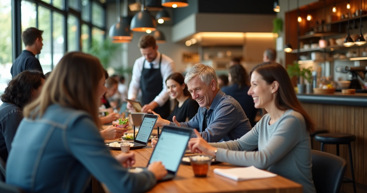 Clientes sorrindo em restaurante moderno com tecnologia