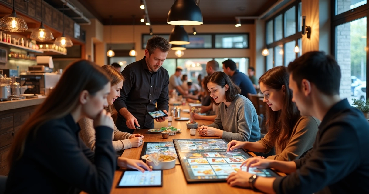 Restaurante moderno com tecnologia, clientes interagindo com garçons usando tablets 