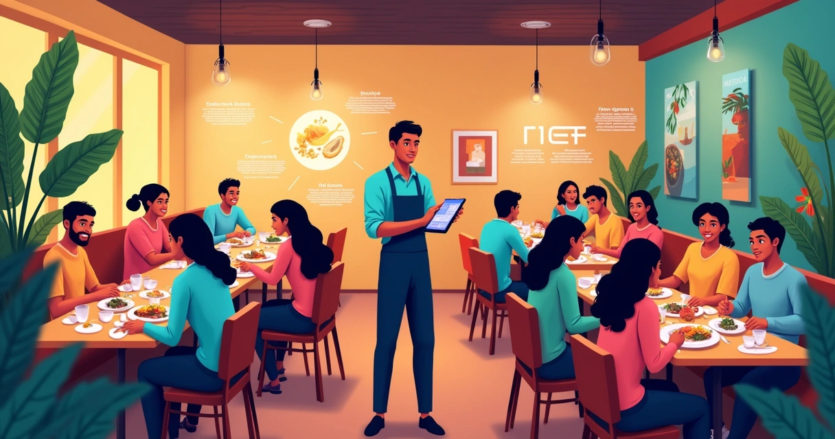 Ilustração de um restaurante no Mato Grosso com sistema de pagamento TEF em uso.
