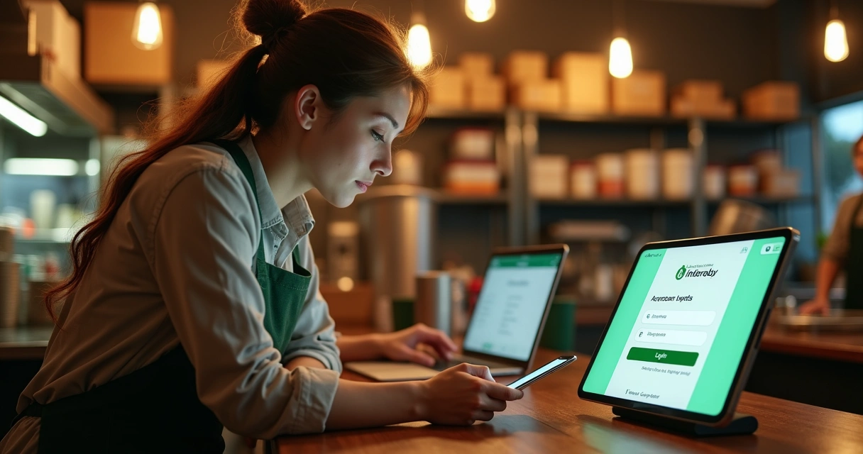 Dona de restaurante mexendo em tablet com tela de login de app de delivery 