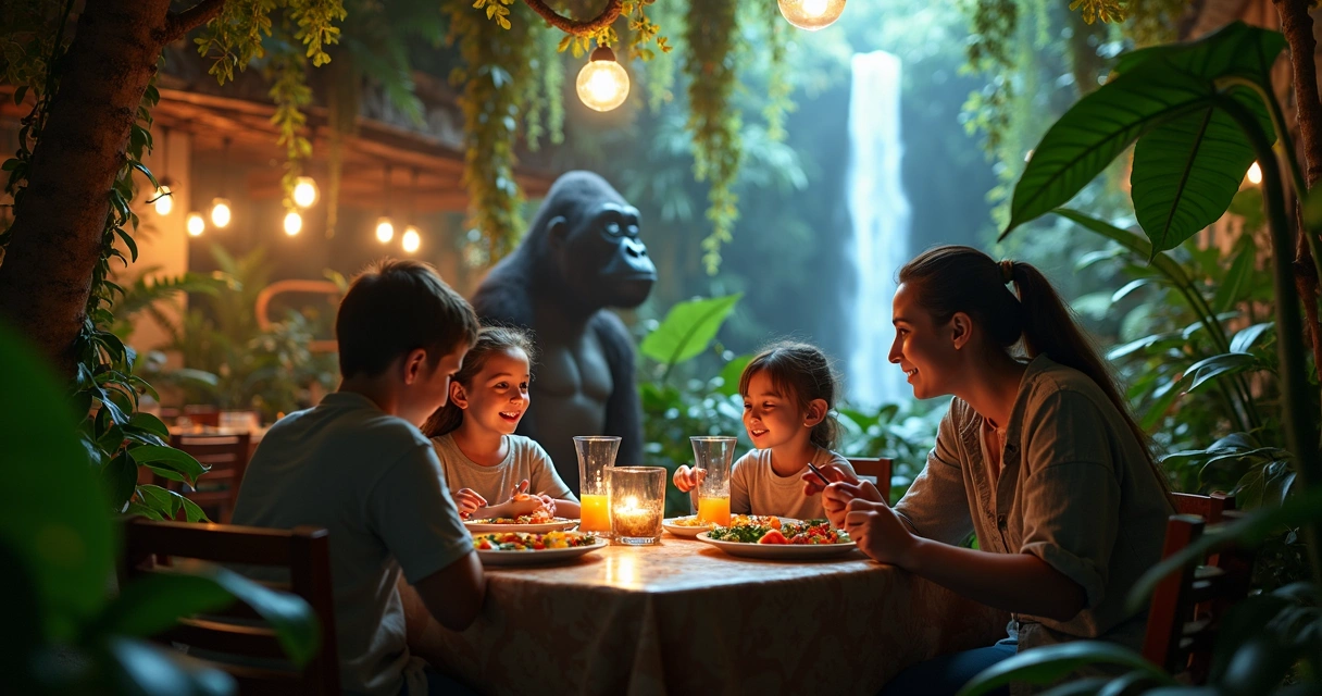 Família sentada no Rainforest Cafe rodeada por decoração de floresta 