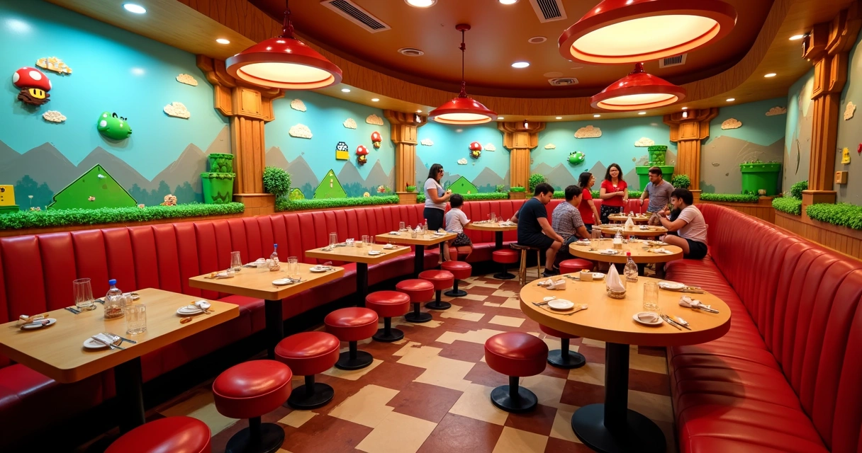 Ambiente detalhado de restaurante com tema Super Mario, mesas e decoração imersiva