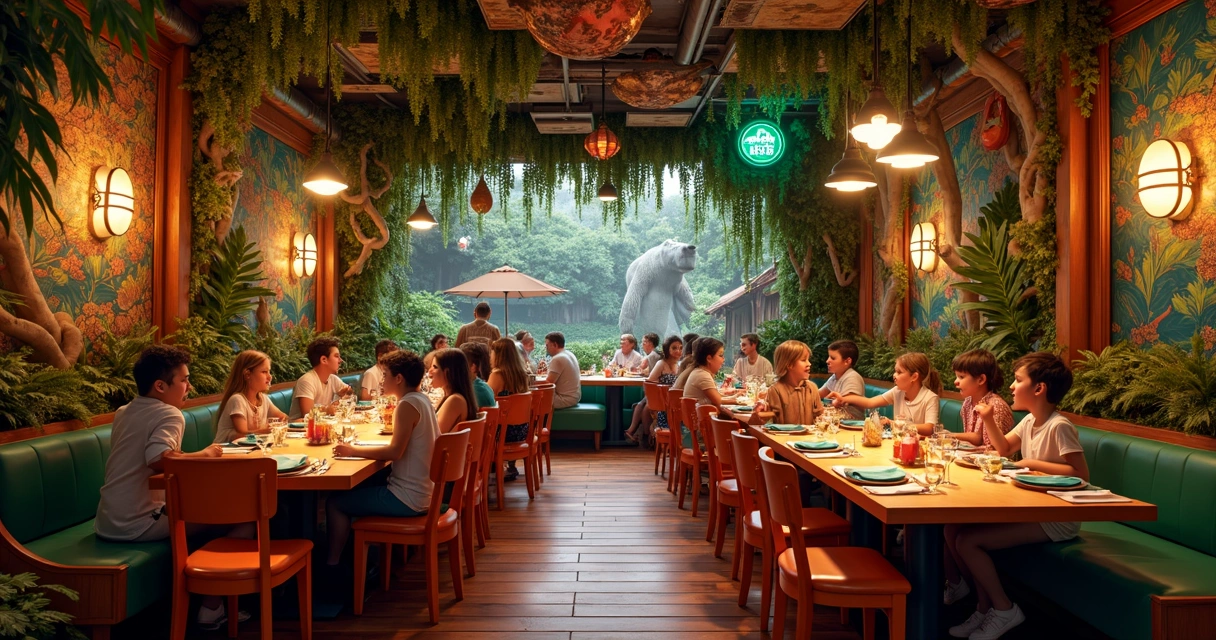 Ambiente de restaurante temático em Orlando cheio de detalhes imersivos e coloridos 