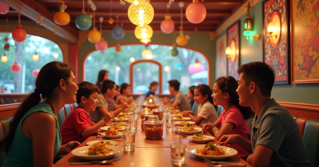 Restaurante temático com personagens e famílias em Orlando