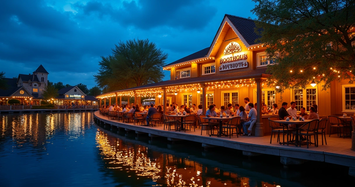 Restaurante iluminado à beira do lago com vista para barcos decorativos em Disney Springs 