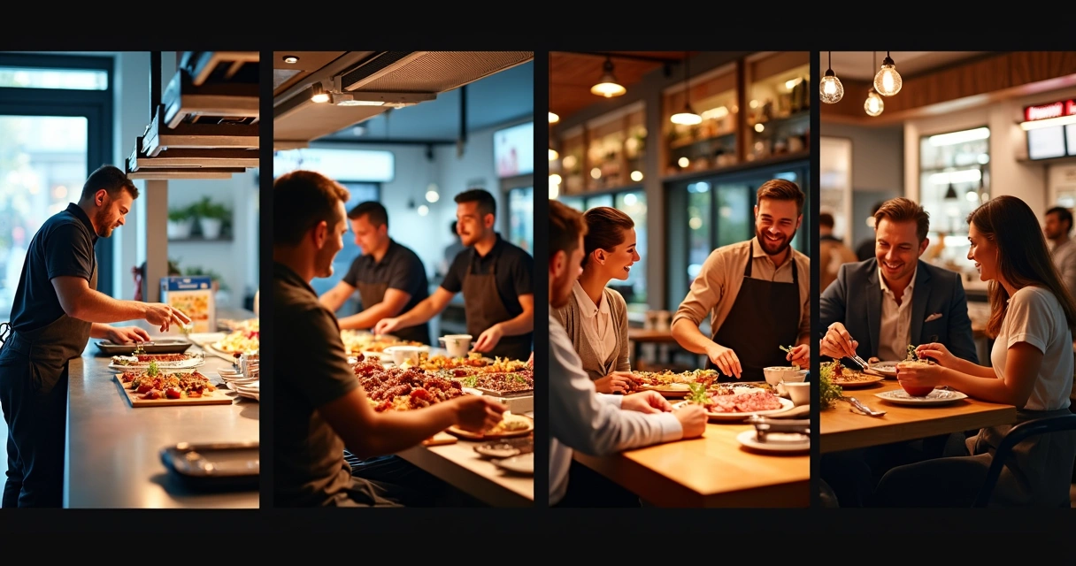 Vários ambientes de restaurante, como self-service, rodízio, fast food e gourmet em montagem panorâmica 
