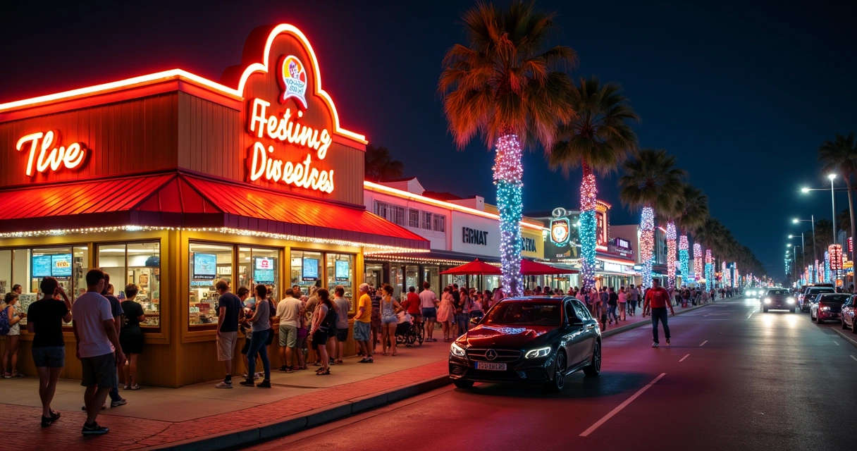 Restaurante movimentado na International Drive à noite, turistas caminhando em frente 