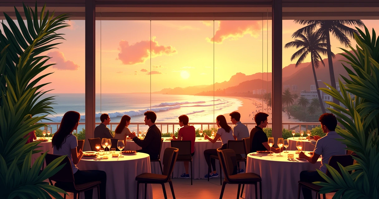 Restaurante com vista para a praia de Copacabana ao entardecer 