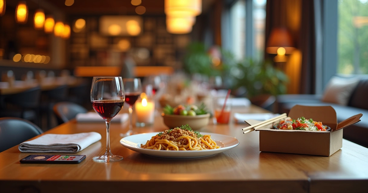 Comparação entre jantar em restaurante e pedido por delivery na mesma mesa 