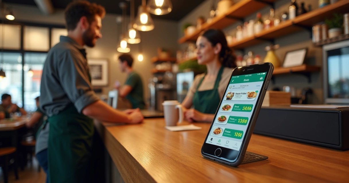 Equipe de restaurante usando celular com tela do WhatsApp aberta em balcão