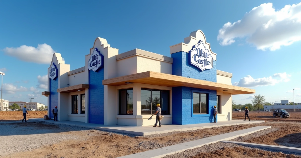 Fachada do restaurante White Castle em construção no Texas com placa de inauguração e trabalhadores 