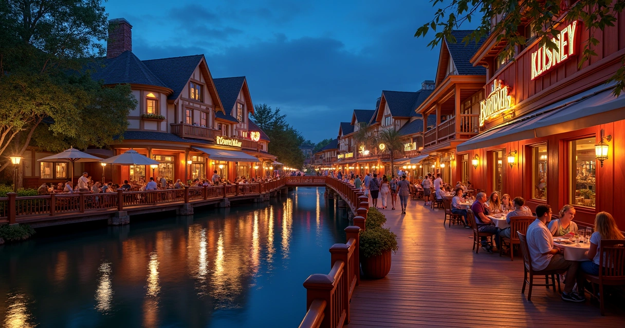 Luzes dos restaurantes iluminando o BoardWalk à noite 