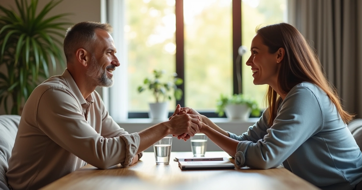 Duas pessoas se reconciliando com um aperto de mão sobre uma mesa de conversa 