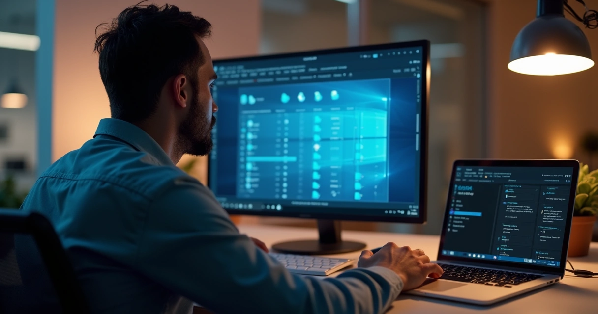 Pessoa restaurando arquivos de backup em tela de computador 